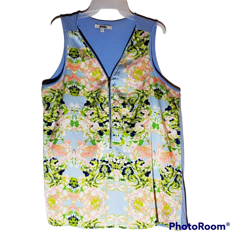 Modbe ladies large floral print zip front sleeveless pullover top. 341